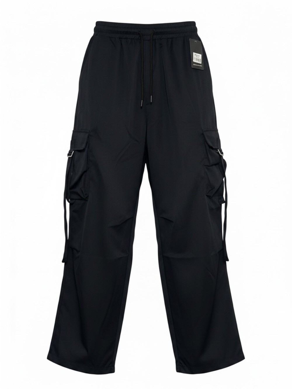 Lightweight Wide Leg Cargo Pants with Cargo Strap Black